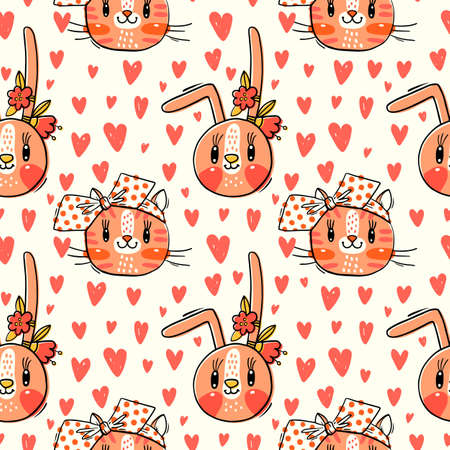 Seamless pattern with faces of cats and rabbits in hairpins bows. Fashion kawaii bunny and kitty. Vector illustration.のイラスト素材