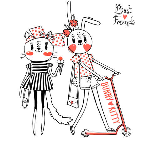 Cute card with best friends. Baby kitten and bunny in fashionable clothes. Can be used for t-shirt print, kids wear design. Vector illustrationのイラスト素材