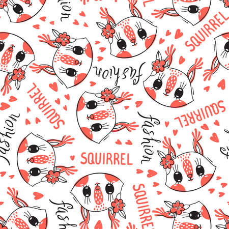 Seamless pattern with cute squirrel face with a barrettes flowers. Fashion kawaii animal background. Vector illustrationのイラスト素材