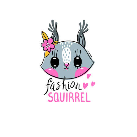 Fashion kawaii animal. Vector illustration of a squirrel face with a barrettes flowers. Can be used for t-shirt print, kids wear design, baby shower cardのイラスト素材