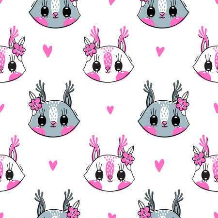 Seamless pattern with cute squirrel face with a barrettes flowers. Fashion kawaii animal background. Vector illustration.のイラスト素材