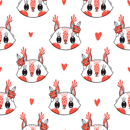 Seamless pattern with cute squirrel face with a barrettes flowers. Fashion kawaii animal background. Vector illustration.のイラスト素材