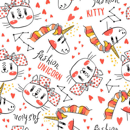 Seamless pattern with faces of cats and rainbow unicorn. Fashion kawaii animal. Vector illustration.のイラスト素材