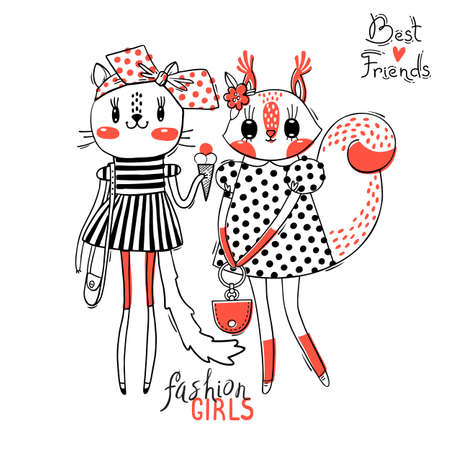 Cute card with best friends. Fashion girls. Baby kitten and squirrel in fashionable clothes. Can be used for t-shirt print, kids wear design. Vector illustration.のイラスト素材