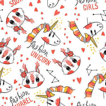 Seamless pattern with faces of squirrel and rainbow unicorn. Fashion kawaii animal. Vector illustration.のイラスト素材