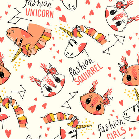 Seamless pattern with faces of squirrel and rainbow unicorn. Fashion kawaii animal. Vector illustration.のイラスト素材