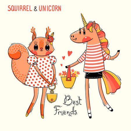 Cute card with best friends. Baby squirrel and rainbow unicorn in fashionable clothes. Can be used for t-shirt print, kids wear design. Vector illustration.のイラスト素材