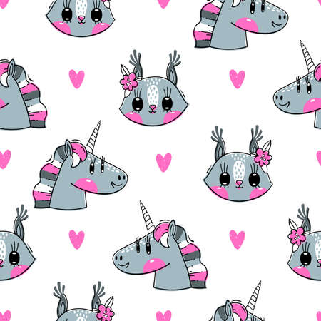 Seamless pattern with faces of squirrel and rainbow unicorn. Fashion kawaii animal. Vector illustration.のイラスト素材