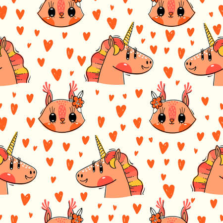 Seamless pattern with faces of squirrel and rainbow unicorn. Fashion kawaii animal. Vector illustration.のイラスト素材