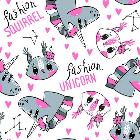 Seamless pattern with faces of squirrel and rainbow unicorn. Fashion kawaii animal. Vector illustrationのイラスト素材