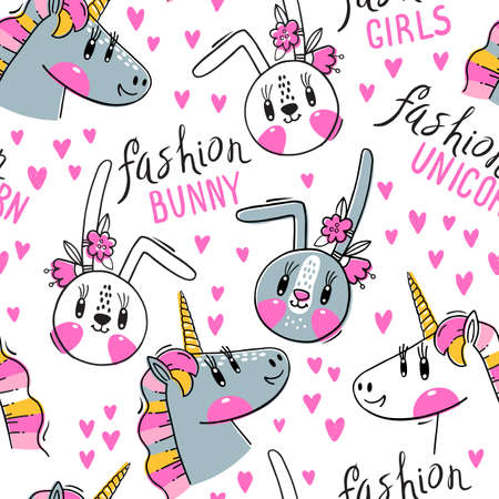 Seamless pattern with faces of bunny and rainbow unicorn. Fashion kawaii animal. Vector illustrationのイラスト素材