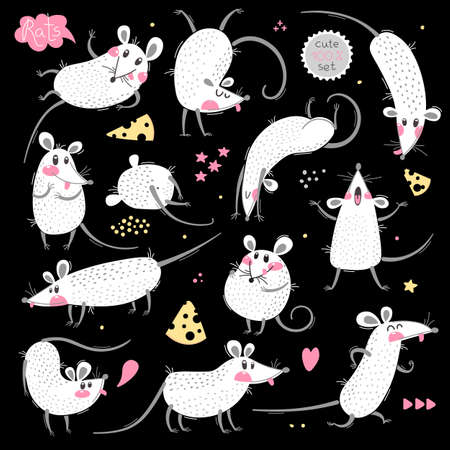 Set of funny rats for design. Cute little mice in different poses. Merry mouse romp. Vector illustrationのイラスト素材