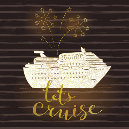 Cute card with a cruise ship and fireworks. Concept for honeymoon trip, vacation, journey, travel. Vector illustration.のイラスト素材