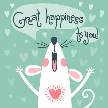 White rat congratulates and wishes great happiness to you. Greeting card with a cute mouse. Vector illustrationのイラスト素材