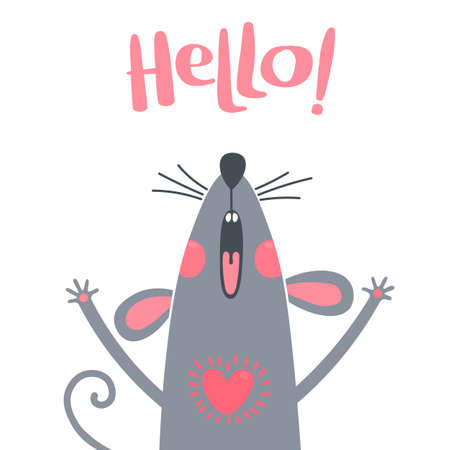 Greeting card with a cute rat. Sweet mouse says hello. Vector illustrationのイラスト素材