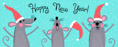 Cute gray rats in Santas hats wishes Happy New Year. Postcard with a symbol of 2020. Vector illustrationのイラスト素材