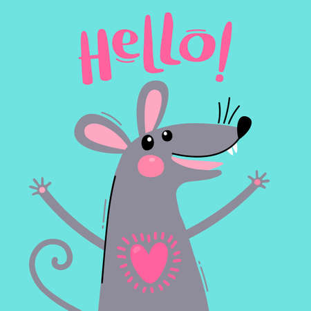 Greeting card with a cute rat. Sweet mouse says hello. Vector illustrationのイラスト素材