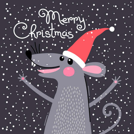 Cute gray rat in Santas hat wishes Merry Christmas. Postcard with a symbol of 2020. Vector illustrationのイラスト素材