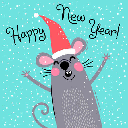 Cute gray rat in Santas hat wishes Happy New Year. Postcard with a symbol of 2020. Vector illustrationのイラスト素材