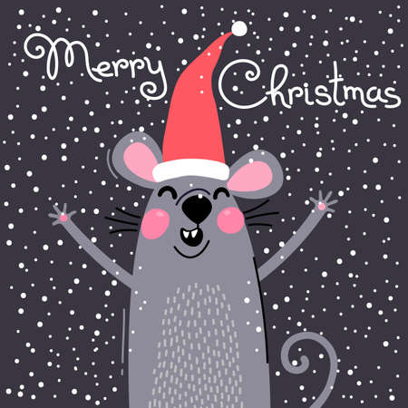 Cute gray rat in Santas hat wishes Merry Christmas. Postcard with a symbol of 2020. Vector illustrationのイラスト素材