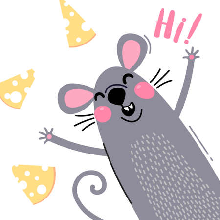 A welcome card with a cute and funny rat. The mouse says hi. Vector illustrationのイラスト素材