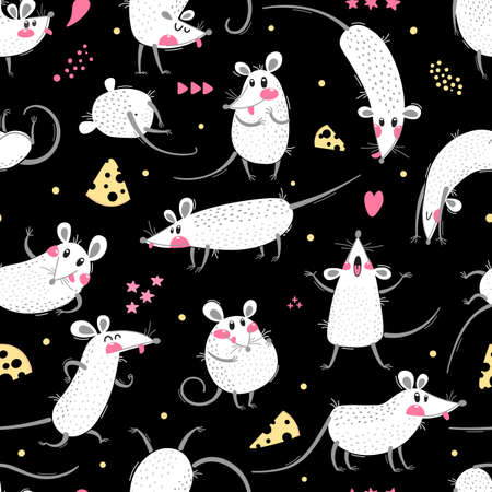 Seamless pattern with cute rats. Funny little mice for a repeatable design of surfaces and fabrics. Symbol of the New Year 2020. Vector illustrationのイラスト素材