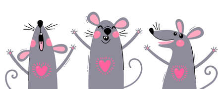 Set of funny rats for design. Cute little mice in different poses. Merry mouse romp. Vector illustrationのイラスト素材