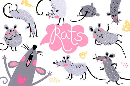 Set of funny rats for design. Cute little mice in different poses. Merry mouse romp. Vector illustrationのイラスト素材