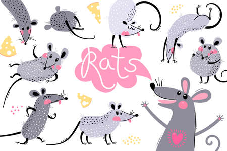 Set of funny rats for design. Cute little mice in different poses. Merry mouse romp. Vector illustrationのイラスト素材