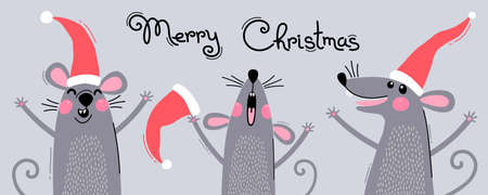 Cute gray rats in Santas hats wish Merry Christmas. Postcard with a symbol of 2020. Vector illustrationのイラスト素材