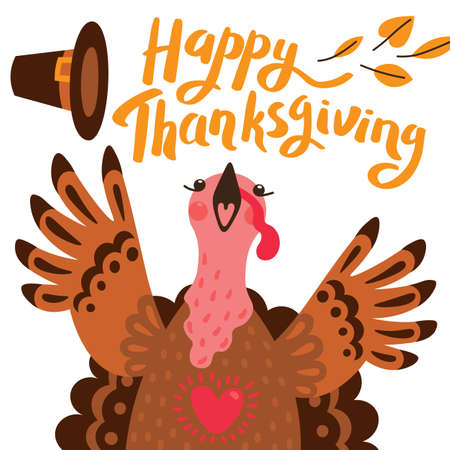 Happy Thanksgiving card with turkey. Cartoon Character Turkeyのイラスト素材