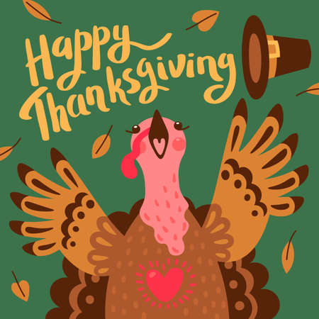 Happy Thanksgiving card with turkey. Cartoon Character Turkeyのイラスト素材