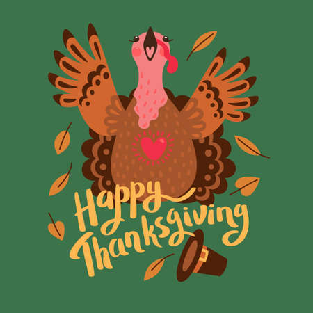 Happy Thanksgiving card with turkey. Cartoon Character Turkeyのイラスト素材