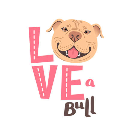 The inscription on the t-shirt of the owner of the dog Pitbull. Word LOVE with a American Staffordshire Pit Bull Terrier face. Vector illustrationのイラスト素材