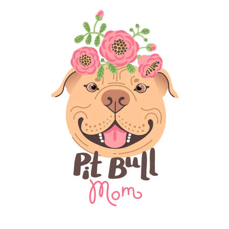 Pit Bull Mom. Image of happy mother dog. American Staffordshire Pitbull Terrier face. Vector illustrationのイラスト素材