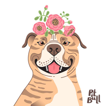 Happy American Staffordshire Pit Bull Terrier. Best friend - Pit Bull dog and wreath of flowers in the style of cartoon. Vector illustrationのイラスト素材