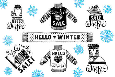 Set drawings knitted woolen clothing and footwear. Sweater, hat, mitten, boot, scarf with patterns. Winter sale shopping concept to design banners, price or label. Isolated vector illustrationのイラスト素材