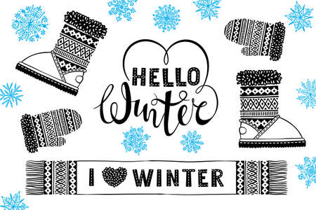 Hello winter. I like winter. Mitten, boot, scarf with patterns, snowflakes. Winter sale shopping concept to design banners, price or label. Isolated vector illustrationのイラスト素材