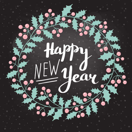 Holly Christmas wreath with the inscription Happy New Year. Holiday card. Vector illustrationのイラスト素材