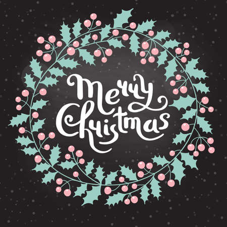 Holly Christmas wreath with the inscription Merry Christmas. Holiday card. Vector illustrationのイラスト素材