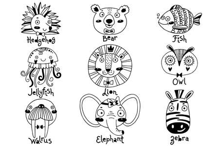 Avatars funny animal faces Hedgehog Bear Fish Jellyfish Lion Owl Walrus Elephant Zebra. Vector illustrationのイラスト素材