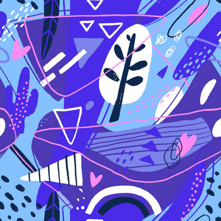 Abstract seamless pattern. Modern background with abstract figures, stripes and floral elements.のイラスト素材