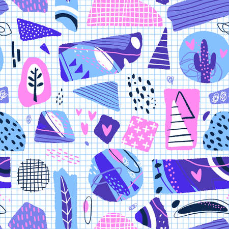 Abstract seamless pattern. Modern background with abstract figures, stripes and floral elements. Vector illustrationのイラスト素材