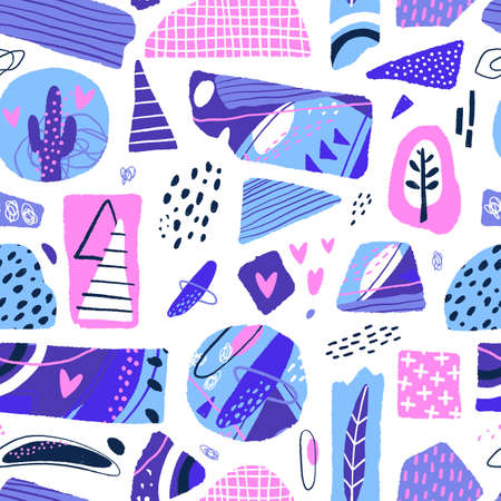 Abstract seamless pattern. Modern background with abstract figures, stripes and floral elements. Vector illustrationのイラスト素材
