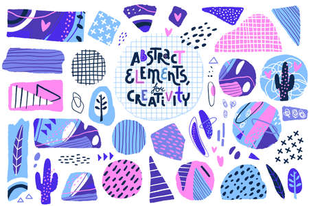 Abstract cut out shapes. Textured hand drawn elements for scrapbooking, collage and other creative work. Vector setのイラスト素材