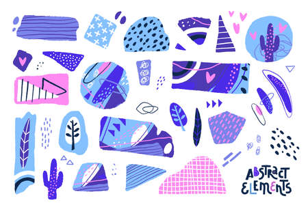 Abstract cut out shapes. Textured hand drawn elements for scrapbooking, collage and other creative work. Vector setのイラスト素材
