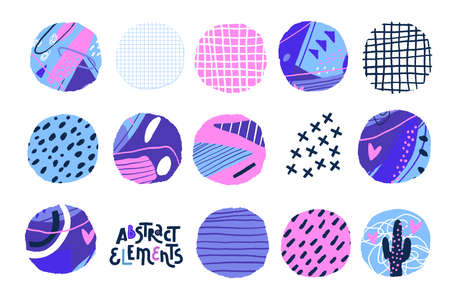 Abstract cut out circle shapes. Textured hand drawn round elements for scrapbooking, collage and other creative work. Vector setのイラスト素材