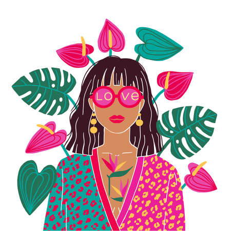 Portrait of a brunette woman in the urban jungle. Fashion print. Vector illustration.のイラスト素材