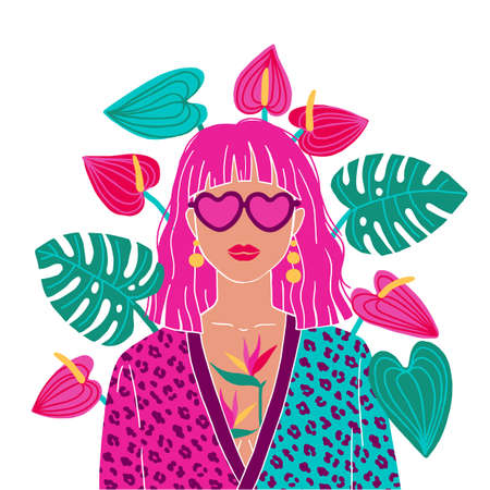Portrait of a pink hair woman in the urban jungle. Fashion print. Vector illustration.のイラスト素材
