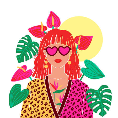 Portrait of a red hair woman in the urban jungle. Fashion print. Vector illustration.のイラスト素材